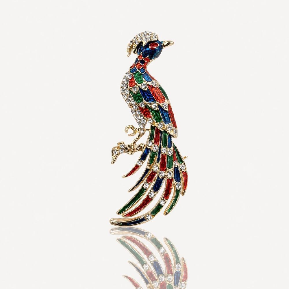 Vintage Multi-Colored Enamel Peacock Brooch Gold-Tone Rhinestone Bird Pin - Picture 1 of 10